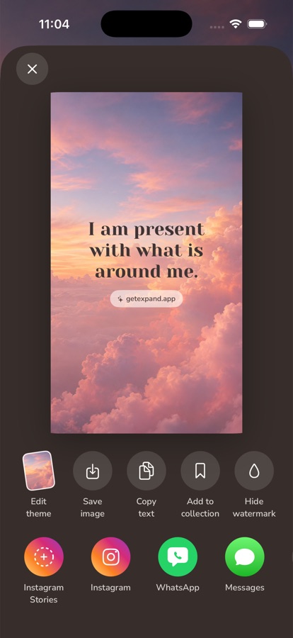 The share composer with a beautiful affirmation card